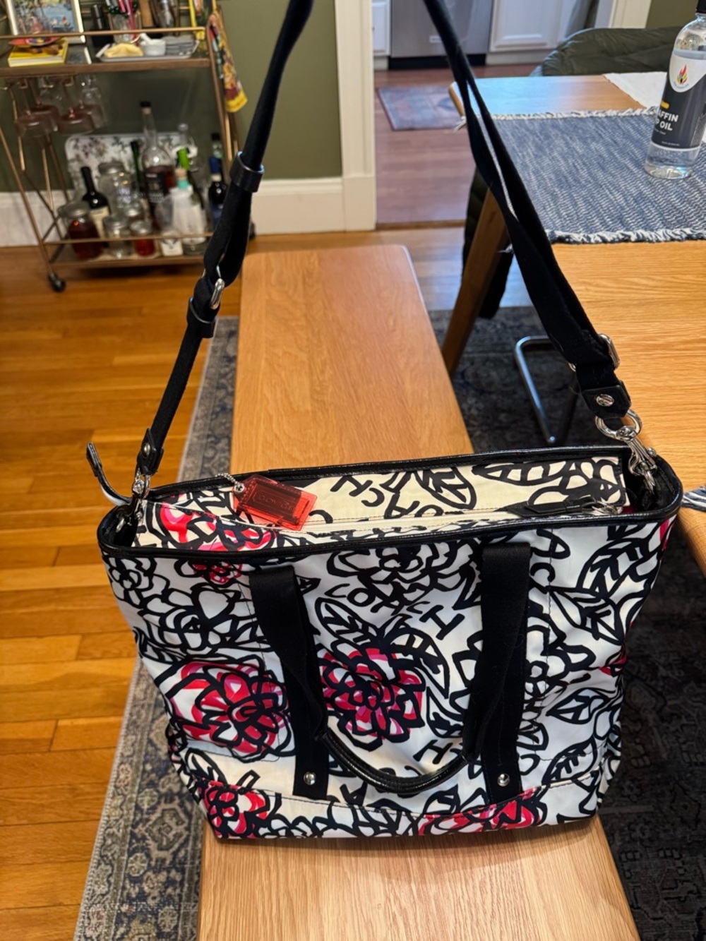 Coach Black & White Canvas Floral Tote with Pink Accents